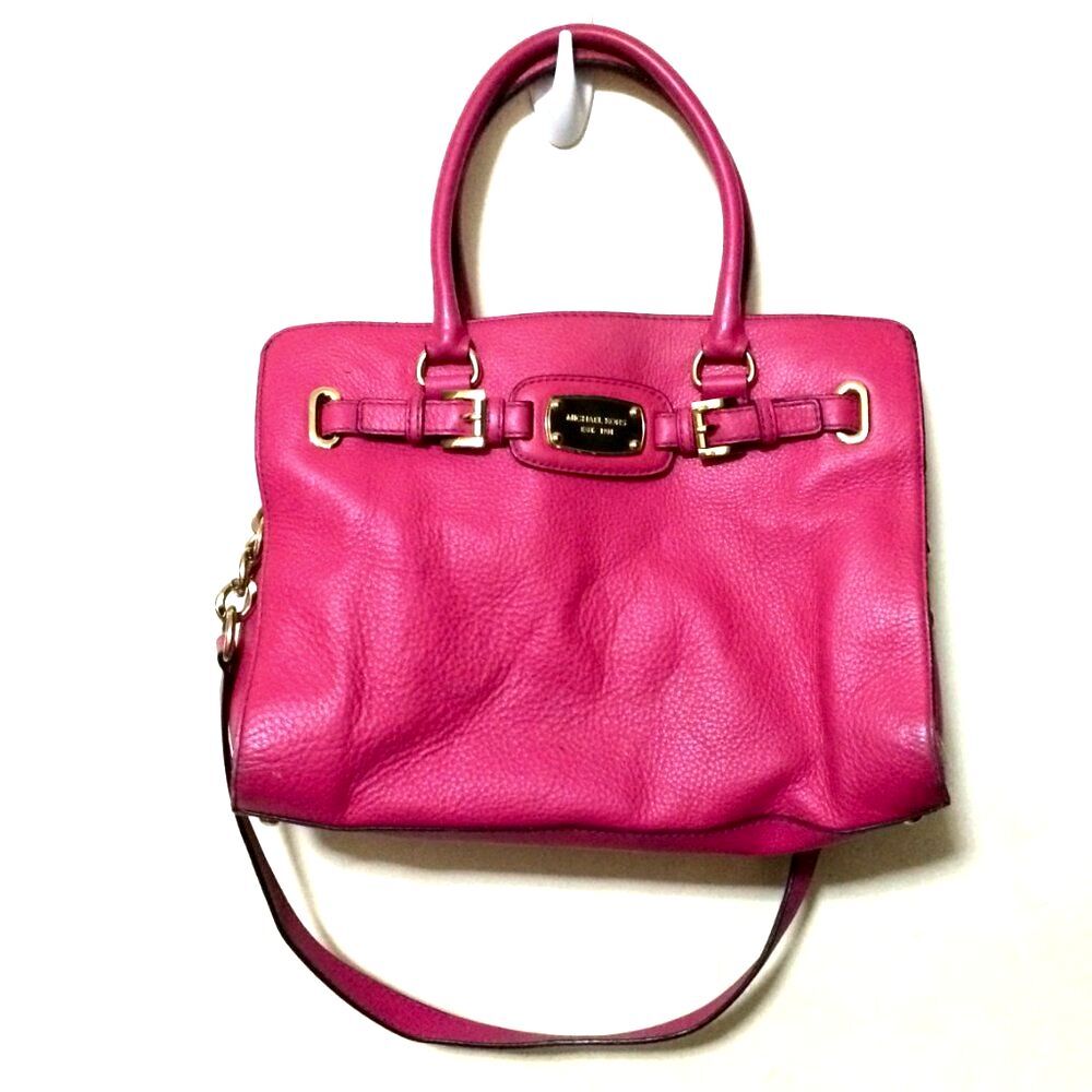 MICHAEL KORS Purse Hamilton Satchel Neon Pink Leather Tote Shoulder Bag Large